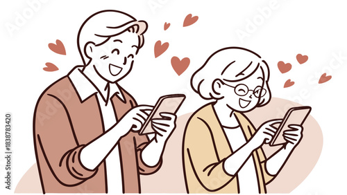 Simple illustration of an elderly person enjoying dating using a smartphone. App. Internet. Communication.　