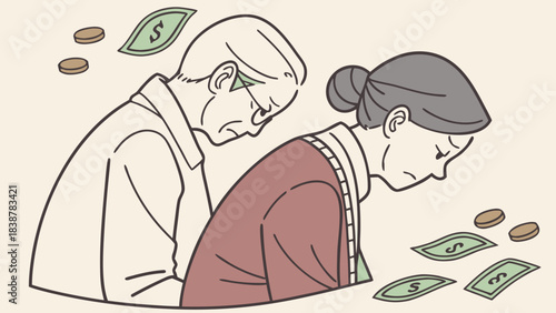 Simple illustration of elderly people. Financial hardship. Living expenses. Sense of money.