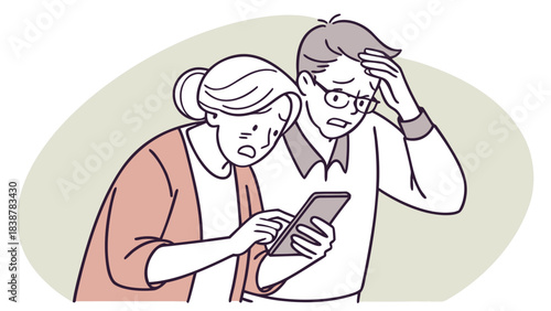 Simple illustration of elderly people struggling with electronic devices. Vintage. Old man. Old woman. Smartphone. Nuisance calls. Spam. Apps. Stocks. Gambling.