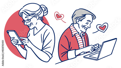 Simple illustration of an elderly person enjoying dating using a smartphone. App. Internet. Communication.　