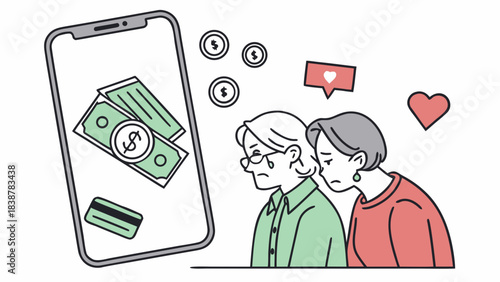 Simple illustration of elderly people. Financial hardship. Living expenses. Sense of money.