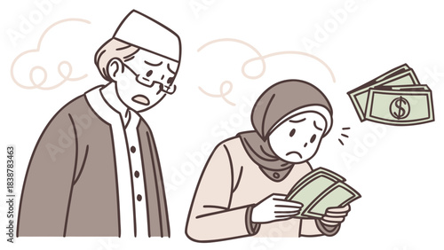 Simple illustration of elderly people. Financial hardship. Living expenses. Sense of money.