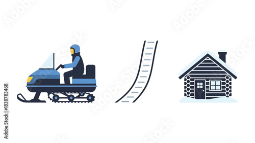 Snowy winter scene featuring a snowmobile, ski lift, and a cozy cabin in a cold, frosted landscape