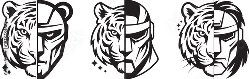 Three black and white tiger head illustrations showing half real tiger and half cyborg tiger faces