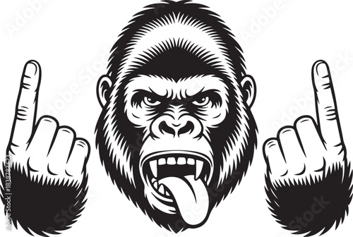 Angry gorilla head showing finger up gesture aggressive ape illustration black and white