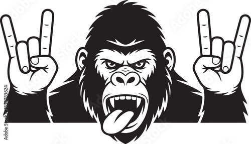 Angry gorilla head showing rock and roll hand gesture aggressive ape illustration black