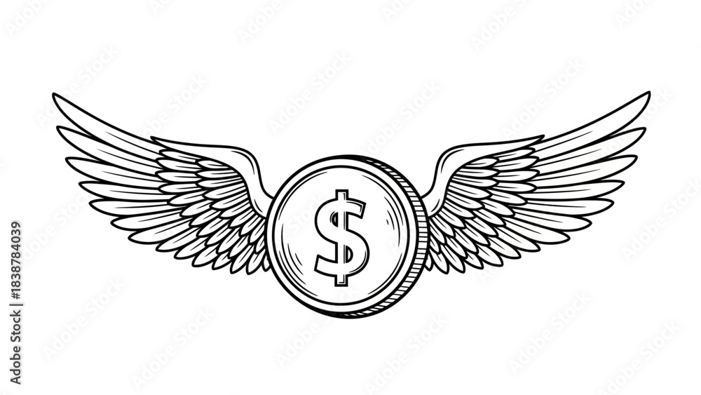Fototapeta premium Flying Dollar Symbol with Wings – Money Concept Illustration for Finance and Investment