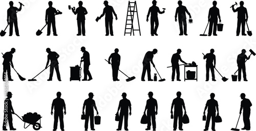 Silhouettes of construction and maintenance workers performing various tasks with tools and equipment, representing labor, craftsmanship, teamwork, productivity, and professional industry roles