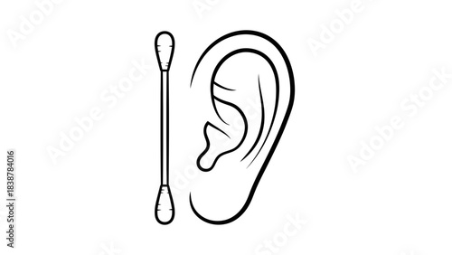 Ear and Cotton Swab Line Art – Personal Hygiene and Ear Cleaning Illustration