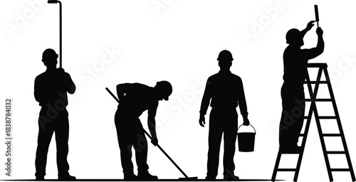 Silhouettes of construction workers performing tasks such as digging, sweeping, carrying tools, and working on ladders, representing labor, industry, and job-site activity.