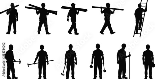 Silhouettes of construction workers carrying beams, using tools, and climbing a ladder, representing labor, industry, building tasks, craftsmanship, teamwork, and job-site activity