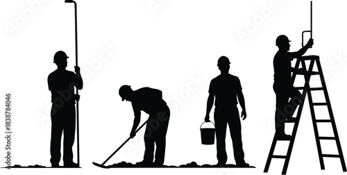 Silhouettes of construction workers performing various tasks such as digging, carrying tools, and working on ladders, representing labor, industry, and teamwork.