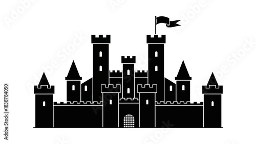 Medieval Castle Silhouette Icon – Fortress with Towers and Flags Illustration