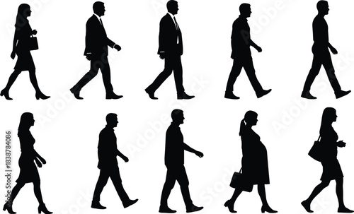 Silhouettes of diverse people walking in various poses, including professionals, casual pedestrians, and a pregnant woman, representing everyday movement, lifestyle, commuting, and urban activity