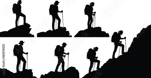 Silhouettes of hikers climbing rocky terrain with backpacks and trekking poles, representing adventure, exploration, outdoor activity, endurance, travel, and mountain hiking