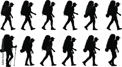 Silhouettes of hikers walking with backpacks and trekking gear, representing outdoor adventure, exploration, travel, endurance, wilderness activity, and active lifestyle movement in nature.