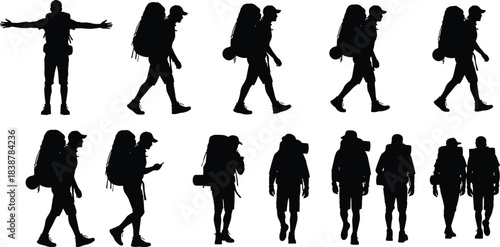 Silhouettes of hikers walking with backpacks in various outdoor poses, illustrating adventure travel, trekking activities, exploration, and active lifestyle concepts.