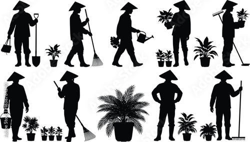 Silhouettes of gardeners performing various plant care tasks such as watering, raking, carrying tools, and nurturing potted plants, representing agriculture and horticulture.