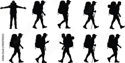 Silhouettes of hikers walking with backpacks, trekking poles, and outdoor gear, representing adventure travel, exploration, wilderness trekking, active lifestyle, and nature exploration themes.