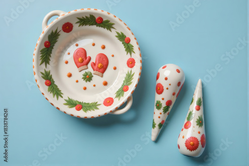 Ceramic bowl and kitchen tools, cheerful mood, decorated with flowers, on a blue background, copy space

