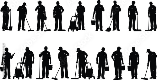 Silhouettes of janitors performing various cleaning tasks with brooms, mops, buckets, and carts, representing maintenance work, sanitation services, workplace hygiene,
