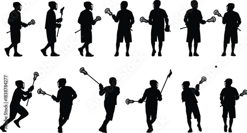 Silhouettes of lacrosse players holding sticks, running, catching, and practicing various movements, representing team sports, athletic training, competition, and action.