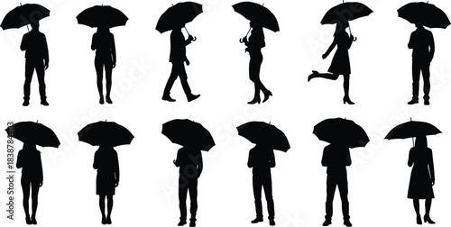 Silhouettes of people holding umbrellas in various standing and walking poses, symbolizing rain protection, weather conditions, fashion, and outdoor lifestyle imagery.