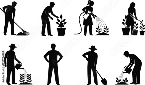 Silhouettes of people performing gardening tasks such as watering, planting, raking, and tending plants, representing outdoor work, nature care, agriculture, sustainability, and growth.