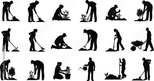 Silhouettes of people gardening in various poses, planting, digging, watering, and tending plants, representing outdoor work, nature care, growth, and horticulture