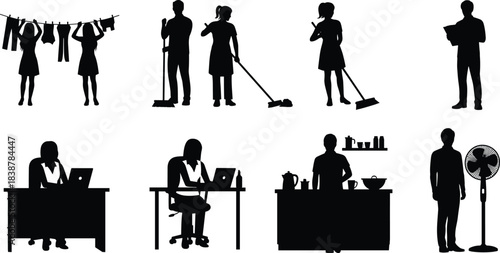 Silhouettes of people performing household chores and daily activities, including cleaning, laundry, office work, cooking, and cooling, representing home life and routine tasks