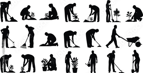 Silhouettes of people performing various gardening tasks such as digging, raking, watering, and planting, representing outdoor work, nature care, agriculture, and sustainability themes.