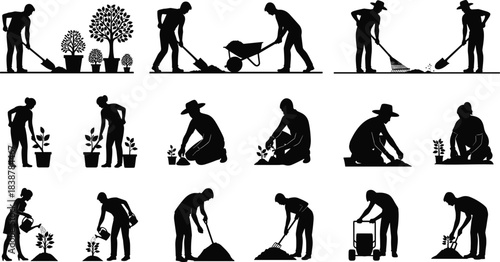 Silhouettes of people performing various gardening tasks such as planting, watering, digging, and raking, representing nature care, outdoor work, and sustainability.