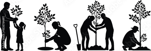 Silhouettes of people planting young trees, showing family teamwork, environmental care, and community gardening activities promoting sustainability and nature preservation.