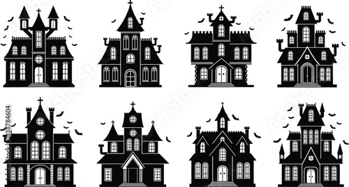Spooky haunted house silhouettes set for Halloween themes featuring gothic architecture, eerie mansions, flying bats, and dark seasonal designs perfect for festive decoration