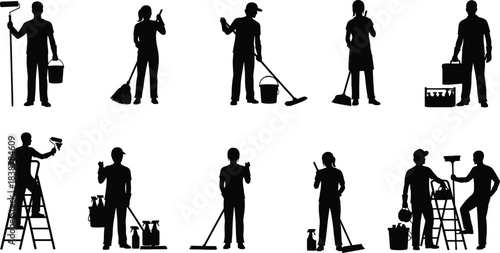Silhouettes of workers performing various cleaning tasks with tools and equipment, including mopping, sweeping, spraying, and painting, representing maintenance, hygiene, labor, and workplace duties