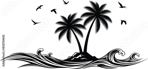 Tropical island with palm trees, ocean waves, and flying birds illustrated in bold black-and-white style, ideal for beach themes and summer design projects