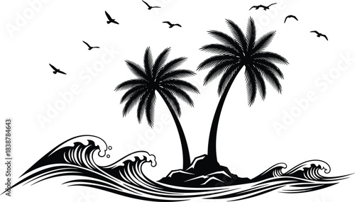 Tropical island illustration with palm trees, ocean waves, and flying birds in elegant black-and-white style, perfect for beach themes and summer design projects