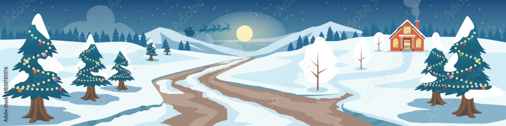 Naklejka premium Landscape view of dirt road cutting through snowy slopes. Alone of houses with chimneys and smoke on hill. Background Santa Claus on a horse drawn sleigh with moon and stars on night sky.