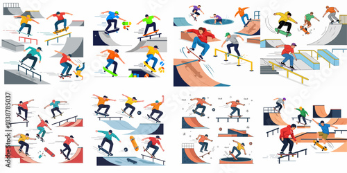 Diverse collection of skateboarders performing various tricks like ollies, grind, and jumps on ramps, rails, and bowls in a skatepark, vector illustration set.