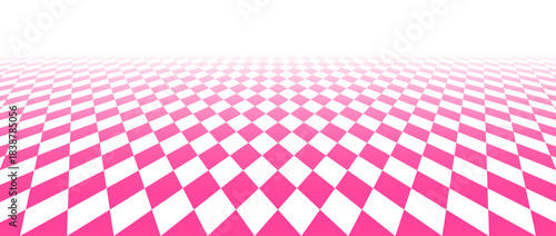 Pink checkerboard floor in perspective. Fading checkered tile pattern background. Vintage empty room checker stage. Retro horizontal chess board grid plane surface. Vector vanishing ballroom floor