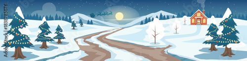 Landscape view of dirt road cutting through snowy slopes. Alone of houses with chimneys and smoke on hill. Background Santa Claus on a horse drawn sleigh with moon and stars on night sky.