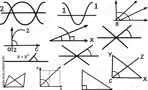 Collection of mathematical graphs and diagrams illustrating trigonometry and geometry concepts