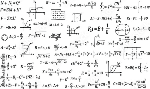 Seamless pattern of hand drawn physics equations and mathematical formulas