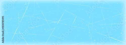 Scratched ice surface texture. Winter sport rink backdrop. Frozen lake or pond water wallpaper with dots, cuts and lines. Blue icy background with skate traces, cracks, scratches. Vector illustration