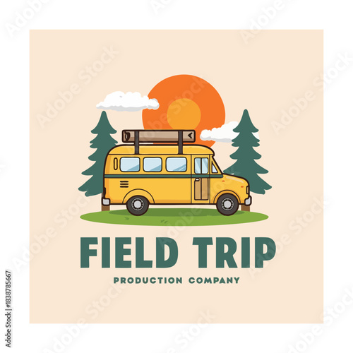 Vintage Yellow Bus on a Field Trip in Nature - Illustration, Sunny Environment, Playful Concept