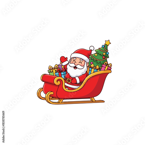Santa Claus on Sleigh with Gifts, Festive Scene, Illustration, Whimsical Design