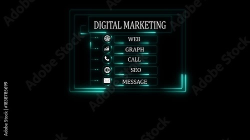 A futuristic hand displaying a digital marketing dashboard featuring key elements like WEB, GRAPH, CALL, SEO, and MESSAGE strategies for