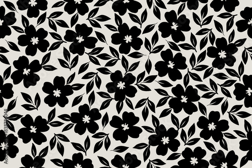 A bold black floral pattern with blooming flowers and leaves arranged in a seamless, elegant layout on a soft beige background, perfect for modern design.