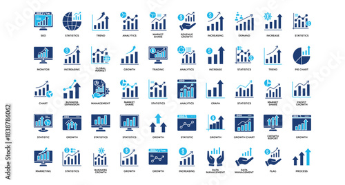 Statistics icon set collection. Containing statistics, value, increase, operation, share, profit, progress .Solid vector icons collection