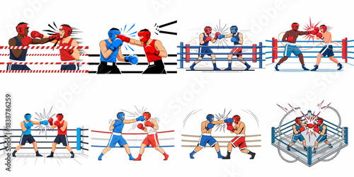 A collection of 8 vector illustrations showing boxers fighting and delivering knockout punches in a championship ring, depicting sports competition and intensity.